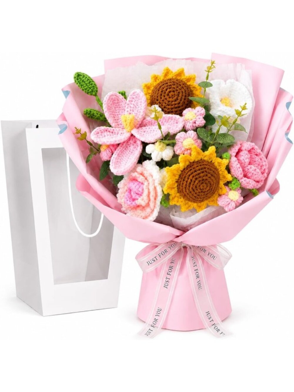 Handmade Pink Crochet Flower Bouquet with Card - Perfect Gift for Mother's Day